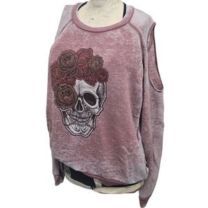 Gypsy Heart‎ Skull Rose Cold Shoulder Sweatshirt M Mauve Pink Burnout Pullover